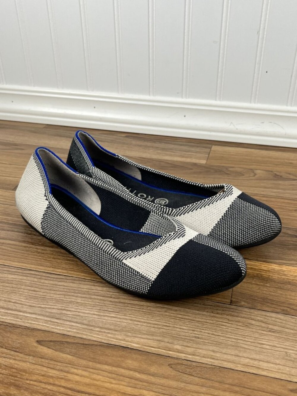 Rothy’s The Flat Captoe Plaid Ballet Flats Shoes Black & White Size 9.5 - Picture 4 of 9